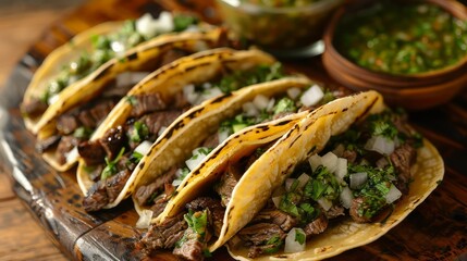 A plate of four tacos with meat and onions. The tacos are on a wooden board and are accompanied by a bowl of salsa
