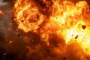 This image captures a dramatic explosion with intense, fiery flames and scattered debris, emulating a sense of danger and chaos in a dark environment.