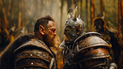 Battle of orcs and paladins, the world of warcraft. A man and an orc face to face, the confrontation of the warriors. Orc and men in armor
