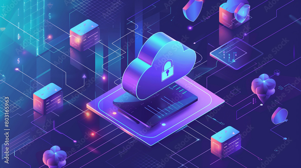 Poster the importance of cloud security with an image showing protective layers and protocols safeguarding 