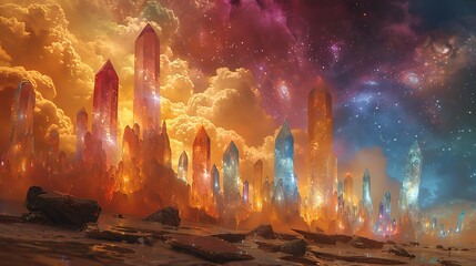 Visualize an alien landscape with towering crystalline structures under a multi-colored sky, reflecting exotic atmospheric effects.