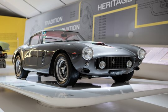 Silver Ferrari 250 GT Berlinetta SWB vintage retro vehicle in Enzo Ferrari Museum in Modena on pedestal