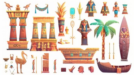 Modern set of Egypt temples, sarcophagi, and pharaohs. Ancient Egyptian travel icon set. Tourist object for history infographics.