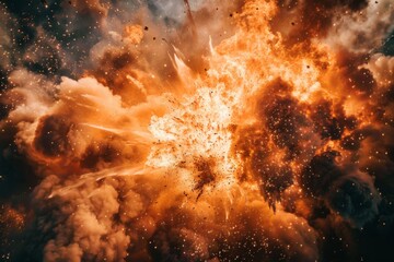 A dramatic and intense image capturing a massive explosion with vivid orange flames and dark smoke against a starry background. This scene conveys chaos and power.