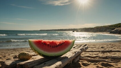 Watermelon on logs on beach background
