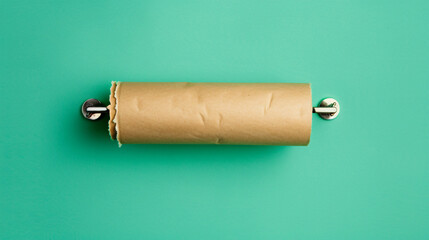 Holder with empty toilet paper tube on green background