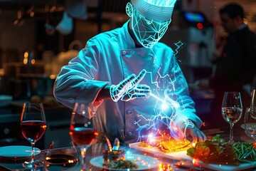 Capture the essence of the future in culinary arts with a holographic chef guiding innovative cooking procedures from an eye-level perspective Infuse this visual marvel with dynamic lighting technique