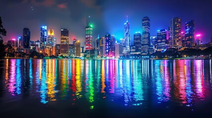 A city skyline reflected in a body of water. The water is illuminated with a rainbow of colors