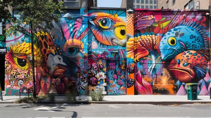 Fototapeta premium Capture the essence of urban exploration through a frontal view, showcasing vibrant street art in intricate detail Incorporate unexpected camera angles to bring a fresh perspective to the scene Tradit