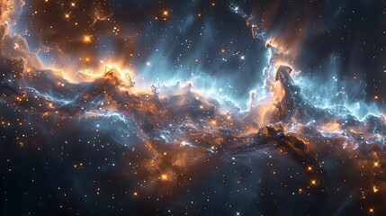 Illustrate the Cosmic Veil as a celestial curtain, with strands of cosmic dust and gas woven together, backlit by a galaxy of stars creating a shimmering backdrop.
