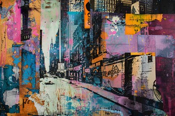 Capture the essence of urban exploration in a mixed media collage blend of gritty textures and vibrant colors, using acrylic paints and ink Present the cityscape from a dynamic low-angle perspective t