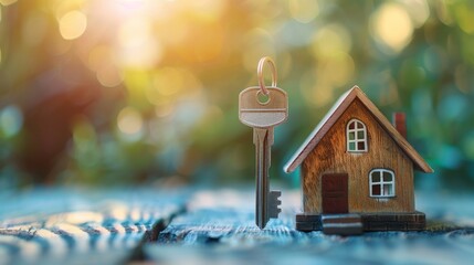 A wooden house model with a silver key in front of it. The background is blurred.