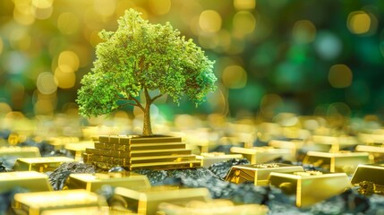A golden tree grows out of a pile of gold ingots.