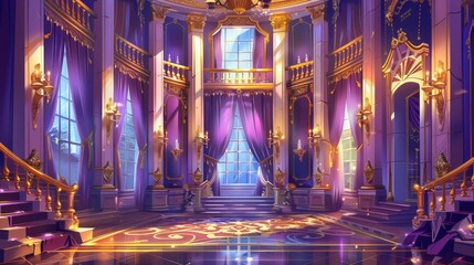 Illustration of medieval banquet room in baroque style with columns, stairways, curtained windows, and gold chandeliers. Interior of a castle hall with columns, staircases, curtains, and gold - obrazy, fototapety, plakaty