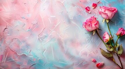 Pink roses on a blue background. The roses are in full bloom and are the focal point of the image. The blue background adds a sense of calmness and serenity to the scene