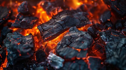 The image is of a pile of charcoal with a fire burning in the middle. Scene is intense and dramatic, as the fire seems to be consuming the charcoal