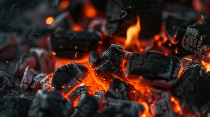 The image is of a pile of charcoal with a fire burning in the middle. Scene is intense and dramatic, as the fire seems to be consuming the charcoal