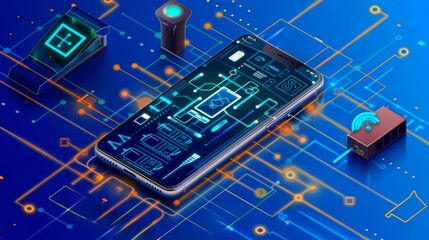 a smartphone with a circuit board and a circuit board on it, the smartphone is on a blue background