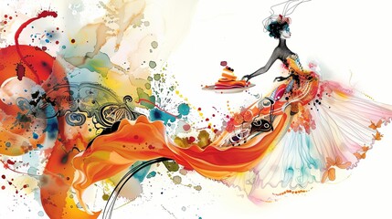 Capture the fusion of Wide-angle view Fashion Trends x Culinary Arts with dynamic, avant-garde flair Show vibrant, watercolor swirls merging haute couture and delectable dishes in a whimsical, surreal
