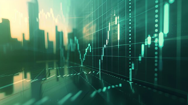 A green screen with a city skyline and a bunch of numbers and lines. The numbers and lines are all over the screen and they are all different sizes. Scene is busy and chaotic