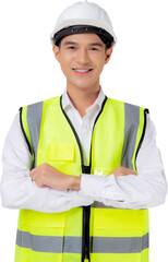 Portrait engineer young asian man wearing helmet standing and smiling with confident, handsome male is architect or contractor arms crossed, industrial concept.