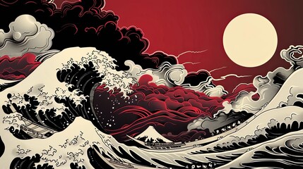 Japanese waves, illustration in the style of a dark red background