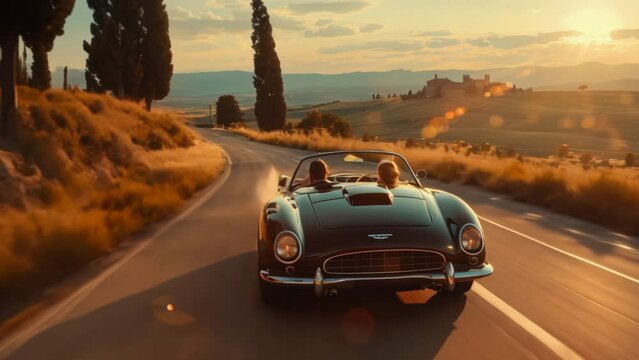 Couple is driving a convertible car. People ride in fashionable retro cabriolet. A fun road trip. Beautiful vintage car. Summer auto travel. Happy holidays. Weekend adventure. Romantic date.