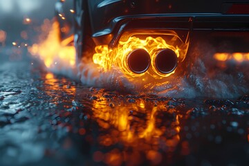 A close-up shot of the exhaust pipes of a racing sports car, flames shooting out as it accelerates to 200km/hr. The intensity of the flames is captured in stunning detail, showcasing the raw power 