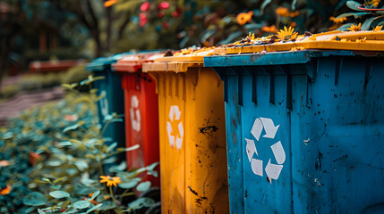 a row of colorful trash cans with a recycling symbol on them