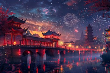 Obraz premium Chinese style ancient architecture, a red bridge, the river water surface, fireworks blooming in the sky, an ancient city background