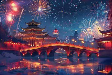 Fototapeta premium Chinese style ancient architecture, a red bridge, the river water surface, fireworks blooming in the sky, an ancient city background