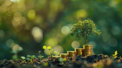 The image shows a tree growing out of a pile of coins, with small plants growing out of the soil around it. The background is blurred and green. - obrazy, fototapety, plakaty