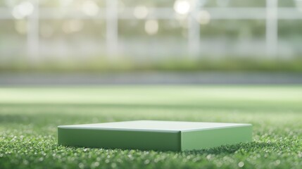 a square empty platform for product presentation on a green soccer pitch against a blurred background.