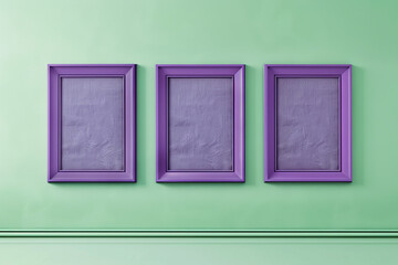 An avant-garde art gallery displaying three elegant purple frames against a light green wall, creating a vibrant and inviting atmosphere