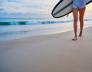 Close up of feet leg young slim woman holding surfboard walking towards sea sand beach
