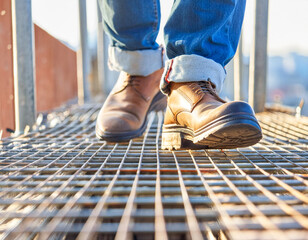 Close up of shoes foot jeans worker walking on metal platform at construction site