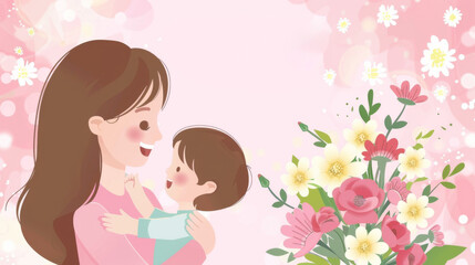 Mothers Day A warm illustration of a child giving a bouquet of flowers to their smiling mother. Text
