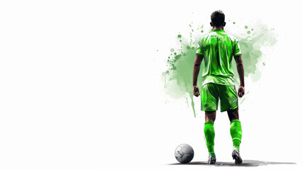 Green watercolor painting of soccer man player in action view from back