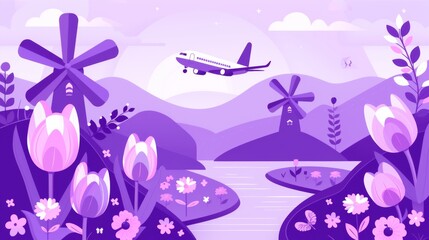 Craft an illustration of airplanes flying over the colorful tulip fields and windmills of the Netherlands, with quaint