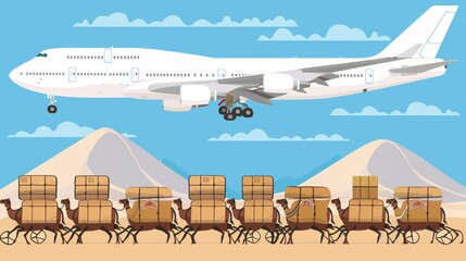 Craft an illustration of an airplane flying over the vast expanse of the Sahara Desert, with endless sand