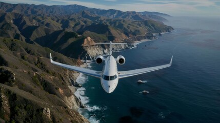 Illustrate airplanes flying over the rugged coastline and dramatic cliffs of the Big Sur region in California, USA
