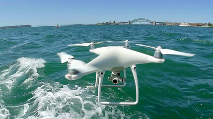 Witness the breathtaking aerial perspective as a drone glides over the shimmering waters of Sydney Harbour, with the