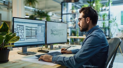A young male architect is using computer architectural design software to create blueprints for a construction project in a modern office
