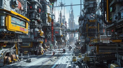 Capture the intricate details of a futuristic robotic cityscape in a digital photorealistic 3D rendering, showcasing a bustling metropolis full of advanced machinery and technology