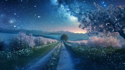 A serene night landscape featuring a starry sky with the Milky Way over a blooming orchard and a country road - Powered by Adobe