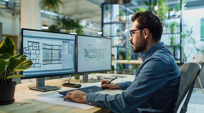 A young male architect is using computer architectural design software to create blueprints for a construction project in a modern office