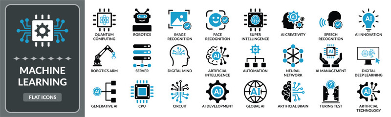 Machine learning icon set. Set of Machine learning, Artificial intelligence, technology, robotics, algorithm flat icons EPS10- Stock Vector