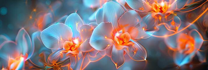 Abstract background with glowing orchid flowers, light blue and orange colors, hyper realistic photography - Powered by Adobe