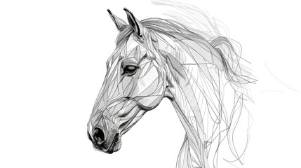 continuous line art drawing of a horse head, greyscale only, isolated on a white background,