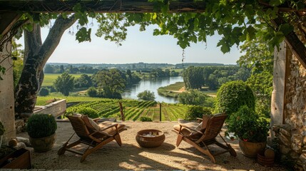 A beautiful view of a river and vineyards can be seen from a patio. There are two chairs and a...